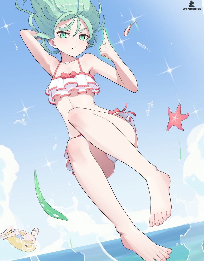 1boy absurdres bald bikini bikini_skirt blue_sky bow breasts day female flipped_hair floating frilled_bikini frills full_body green_eyes green_hair highres levitation ocean one-punch_man petite psychic saitama_(one-punch_man) sky small_breasts solo_focus swimsuit tatsumaki telekinesis water white_bikini zambonito