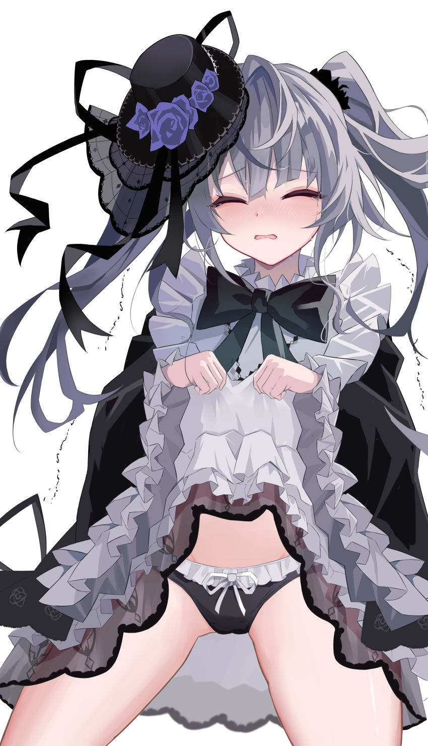 absurdres blush breasts character_request closed_eyes clothes_lift commentary_request embarrassed female flower gothic_lolita grey_hair hair_between_eyes hair_ornament highres l.os lifting_own_clothes lolita_fashion long_hair maimai_(game) panties shirt_lift small_breasts twintails underwear white_background