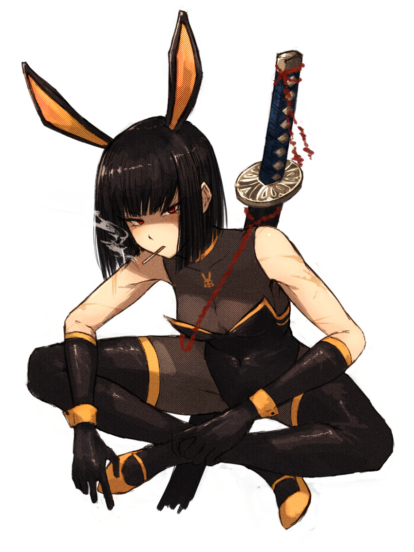 absurdres akita_(akitakipuromun) animal_ears black_hair bob_cut butterfly_sitting cigarette female highres limbus_company ootachi playboy_bunny project_moon rabbit_ears rabbit_team red_eyes ryoshu_(project_moon) scar sheath sheathed sitting smoking sword weapon