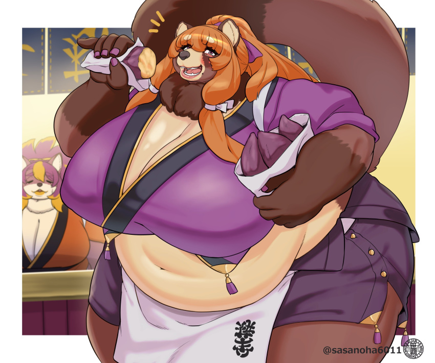 anthro belly big_breasts blue_eyes blush breasts brown_body brown_fur canid canine cleavage clothed clothing duo eating female food fur hair hi_res holding_food holding_object huge_breasts looking_at_viewer mammal midriff navel obese open_mouth orange_hair overweight purple_clothing raccoon_dog sasanoha6011 smile solo_focus standing tanuki thick_thighs wide_hips