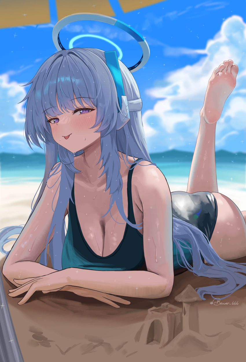 absurdres alternate_costume artist_name ass barefoot beach beach_umbrella black_one-piece_swimsuit blue_archive blue_hair blue_sky blush breasts cleavage cloud cloudy_sky collarbone commentary_request day dubeaduver female hair_intakes halo headgear highres leg_up long_hair looking_at_viewer mechanical_halo noa_(blue_archive) one-piece_swimsuit outdoors purple_eyes sand_castle sand_sculpture sky smile solo sweat swimsuit thighs toes tongue tongue_out umbrella very_long_hair wet white_halo