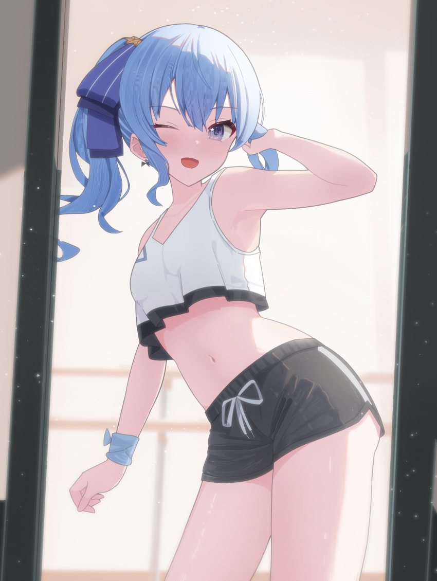 ;d absurdres alternate_costume black_shorts blue_eyes blue_hair blue_ribbon bow bow_earrings breasts commentary contrapposto crop_top crop_top_overhang deozt double-parted_bangs earrings english_commentary female hair_between_eyes hair_ribbon hand_up highres holding holding_own_hair hololive hoshimachi_suisei indoors jewelry looking_at_viewer medium_hair midriff mirror navel one_eye_closed open_mouth reflection reflection_focus ribbon short_shorts shorts side_ponytail sidelocks small_breasts smile solo star_(symbol) star_in_eye symbol_in_eye tank_top virtual_youtuber white_tank_top