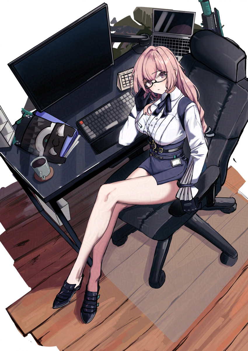 absurdres adjusting_eyewear binder black_footwear black_gloves black_skirt breasts calendar_(object) chair collared_shirt computer crossed_legs cup desk dondobi female from_above full_body glasses gloves hair_ribbon highres laptop large_breasts long_hair long_sleeves looking_at_viewer monitor mug office_chair parted_lips pencil_skirt pink_eyes pink_hair ribbon shirt shoes sitting skirt solo swivel_chair tsukishiro_yanagi white_shirt zenless_zone_zero