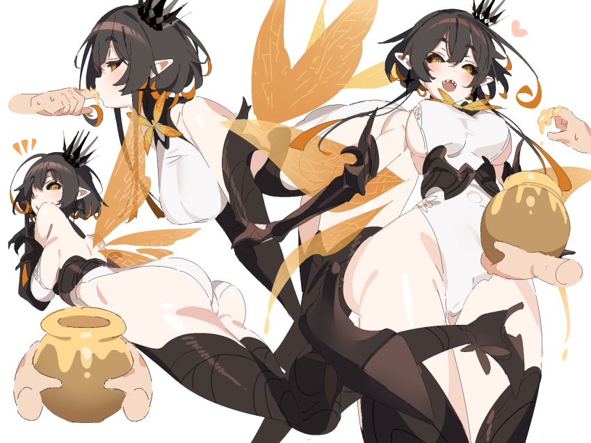 1other ahoge arthropod_girl ass bare_shoulders bee_girl bee_wings black_hair black_sclera borrowed_character breasts chrom_(ac8231) colored_sclera commission crown elbow_gloves female gloves heart highres honey honeypot insect_wings large_breasts leotard looking_at_viewer looking_back lying monster_girl multicolored_hair on_stomach open_mouth orange_hair original pointy_ears sharp_teeth sideboob sidelocks simple_background skeb_commission smile teeth white_background white_leotard wings xwaixxwaix