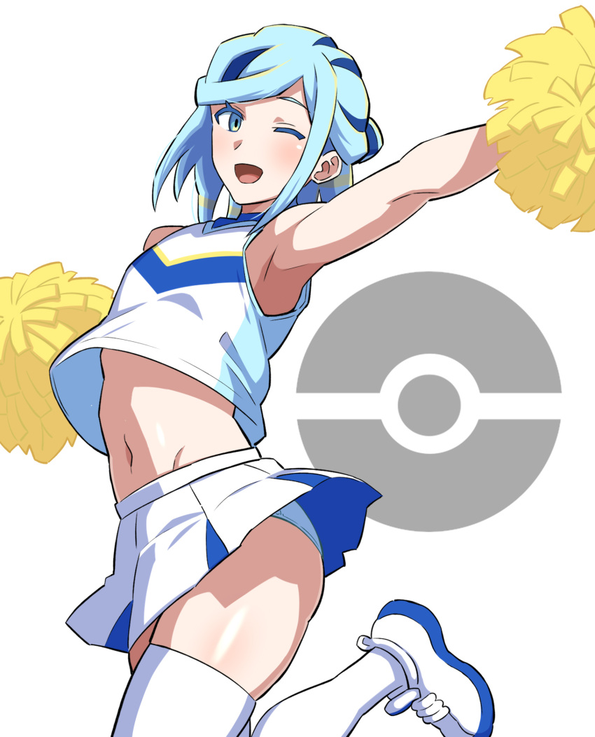 1boy ;d alternate_costume blue_eyes blue_hair cheerleader commentary cropped_shirt grusha_(pokemon) happy highres leg_up male_focus mantan navel one_eye_closed open_mouth outstretched_arm panties pleated_skirt pokemon pokemon_sv pom_pom_(cheerleading) shirt shoes skirt smile solo thighhighs tongue underwear white_background white_footwear white_shirt white_skirt white_thighhighs