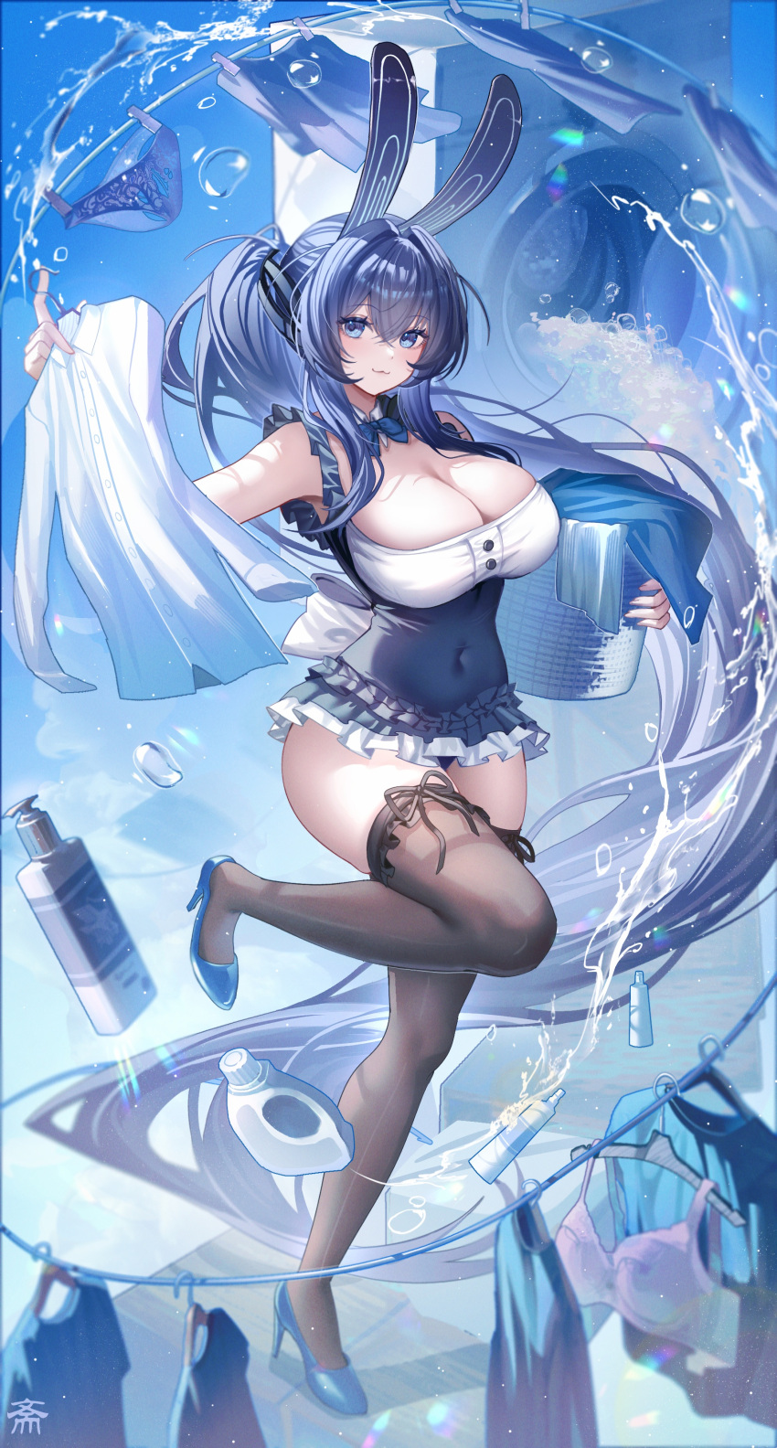 :3 absurdres alternate_costume alternate_hairstyle animal_ears azur_lane black_thighhighs blue_eyes blue_footwear blue_hair blue_panties blue_shirt blush bra breasts cleavage closed_mouth clothes_dryer clothes_hanger clothesline commentary_request covered_navel crossed_bangs detergent fake_animal_ears female frills full_body hair_between_eyes hair_intakes high_heels highres large_breasts laundry_basket long_hair looking_at_viewer new_jersey_(azur_lane) panties purple_bra rabbit_ears shirt smile solo standing standing_on_one_leg tansuan_(ensj3875) thighhighs thighs underwear very_long_hair washing_machine white_shirt