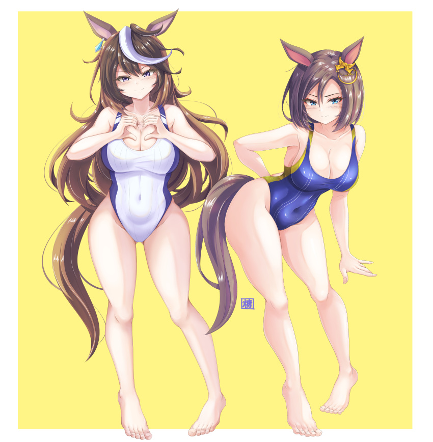 2girls absurdres air_groove_(umamusume) animal_ears barefoot black_hair blue_eyes blue_one-piece_swimsuit bow breasts brown_hair cleavage collarbone commentary_request competition_swimsuit covered_navel ear_bow ear_chain earrings feet_out_of_frame full_body heart heart_hands highleg highleg_one-piece_swimsuit highres horse_ears horse_girl horse_tail jewelry large_breasts long_hair multicolored_hair multiple_girls one-piece_swimsuit purple_eyes short_hair single_earring streaked_hair swimsuit symboli_rudolf_(umamusume) tail tong_shui two-tone_swimsuit umamusume white_hair white_one-piece_swimsuit wide_hips yellow_background