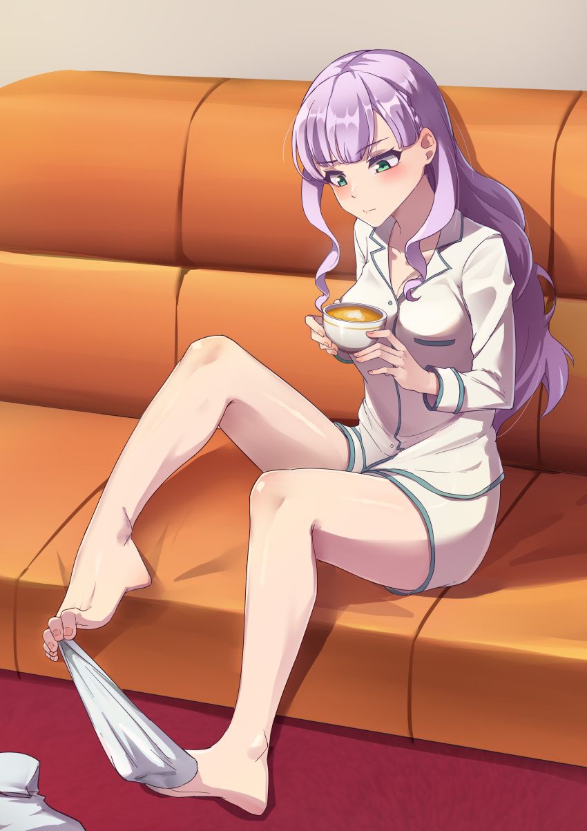 absurdres barefoot blunt_bangs breasts cleavage closed_mouth coffee collared_shirt commentary couch cup female full_body green_eyes highres holding holding_cup indoors long_hair long_sleeves love_live! love_live!_superstar!! medium_breasts on_couch pajamas purple_hair shirt short_shorts shorts sitting socks solo undressing wavy_hair white_pajamas white_shirt white_shorts white_socks wien_margarete yzlkun