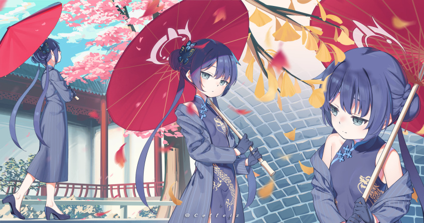 bare_shoulders black_coat black_footwear black_gloves blue_archive blue_dress blue_hair braid braided_bun breasts china_dress chinese_clothes chinese_commentary coat coffeiz_p commentary_request double_bun dragon_print dress female gloves green_eyes hair_bun high_heels highres holding holding_umbrella kisaki_(blue_archive) long_hair long_sleeves looking_at_viewer multiple_views off_shoulder oil-paper_umbrella outdoors print_dress sleeveless sleeveless_dress small_breasts standing twintails umbrella walking