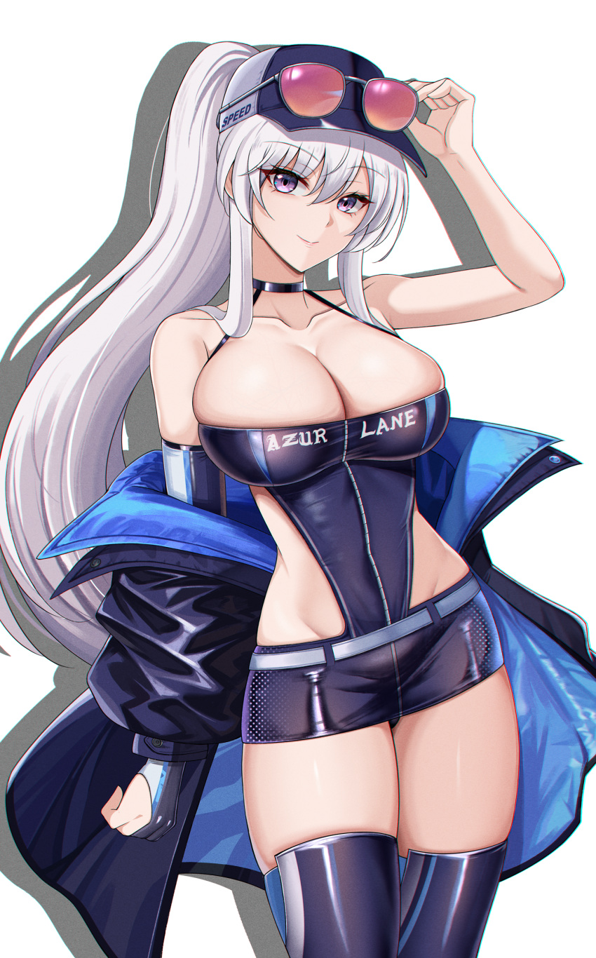 absurdres arm_behind_back azur_lane bare_shoulders boots breasts cleavage clothes_pull copyright_name covered_navel elbow_gloves enterprise_(azur_lane) enterprise_(wind_catcher)_(azur_lane) eyewear_on_head female gloves groin hair_between_eyes hand_up highres jacket jacket_pull large_breasts long_hair midriff off_shoulder open_clothes open_jacket ponytail purple_eyes race_queen revealing_clothes sideless_leotard single_elbow_glove skin_tight skindentation smile solo standing sunglasses thigh_boots thighs very_long_hair white_hair zeukiar