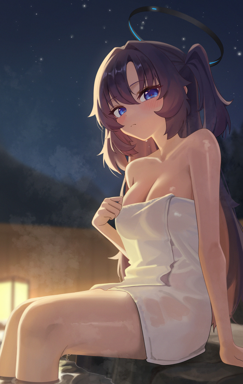 absurdres black_halo blue_archive blue_eyes blush breasts cleavage closed_mouth female halo highres long_hair looking_at_viewer mcbox medium_breasts naked_towel night night_sky onsen outdoors purple_hair red_pupils sitting sky steam thighs towel two_side_up water yuuka_(blue_archive)