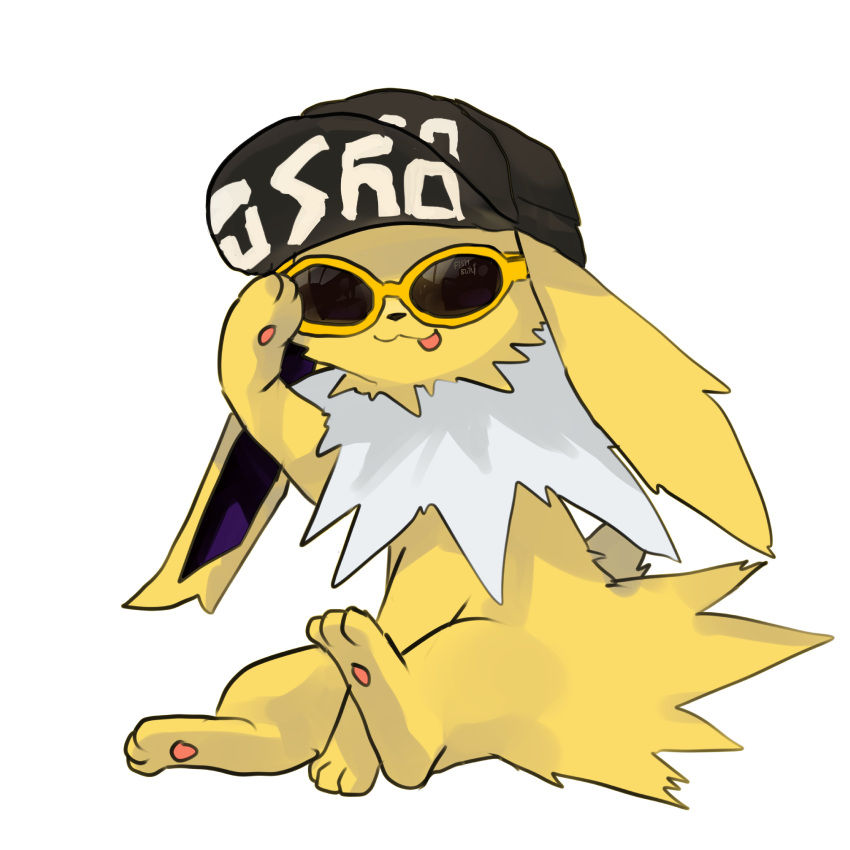 2024 3_toes absurd_res ambiguous_gender artist_name baseball_cap blep clothing digital_media_(artwork) eeveelution eyewear feet feral fishburi floppy_ears fur generation_1_pokemon hat headgear headwear hi_res jolteon lop_ears neck_tuft nintendo pawpads paws pokemon pokemon_(species) ruff signature simple_background sitting solo sunglasses toes tongue tongue_out tuft wearing_sunglasses white_background white_body white_fur yellow_body yellow_fur