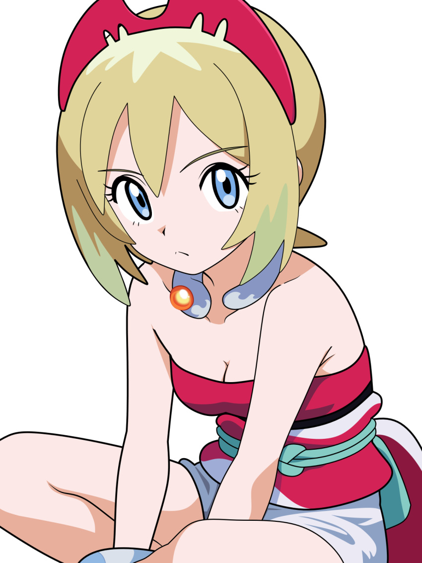 6kan blonde_hair blue_eyes bracelet breasts cleavage closed_mouth commentary_request eyelashes female hairband highres irida_(pokemon) jewelry looking_at_viewer medium_hair neck_ring pokemon pokemon_legends:_arceus red_shirt sash shirt shorts simple_background sitting solo strapless strapless_shirt waist_cape white_background white_shorts