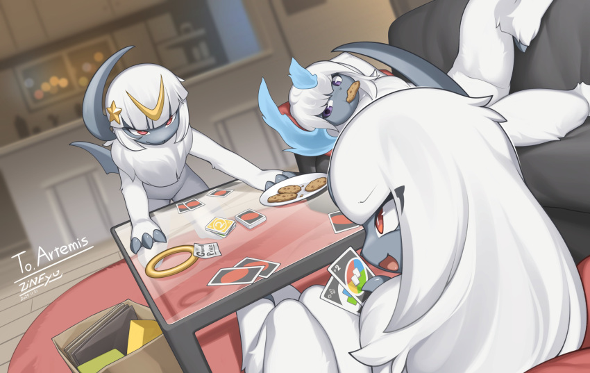 2024 3_fingers absol absurd_res ambiguous_gender claws eye_contact feral finger_claws fingers furniture generation_3_pokemon group hair hi_res horn inside looking_at_another lying nintendo on_back open_mouth pokemon pokemon_(species) purple_eyes red_eyes sitting smile table trio uno white_hair zinfyu