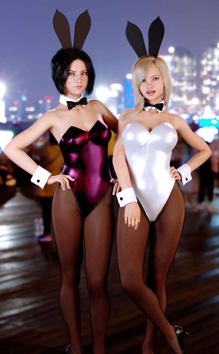 2girls 3d black_hair blonde_hair bowtie bunnysuit city city_background clothed clothing depth_of_field female female_only fishnets front_view hand_on_hip hands_on_hips huge_breasts large_breasts lewd4d looking_at_viewer medium_hair multiple_girls outdoor outdoors outside short_hair slushe_(website) standing