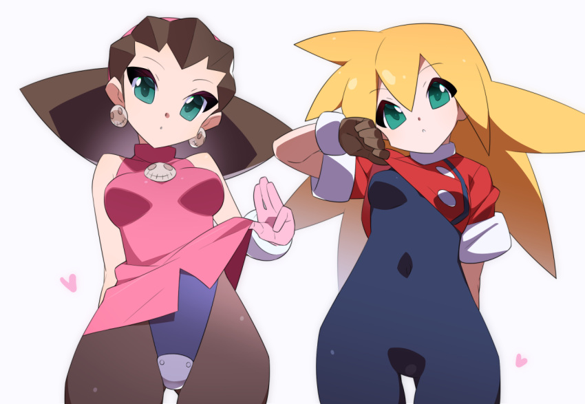 2girls bare_shoulders black_bodysuit black_pantyhose blonde_hair blue_leotard bodysuit breasts brown_hair clothes_lift cowboy_shot cropped_jacket dress dress_lift earrings green_eyes heart jacket jacket_lift jewelry kaidou_zx leotard medium_breasts medium_hair mega_man_(series) mega_man_legends_(series) multiple_girls pantyhose pink_dress red_jacket roll_caskett_(mega_man) simple_background skull_brooch skull_earrings small_breasts tron_bonne_(mega_man) white_background