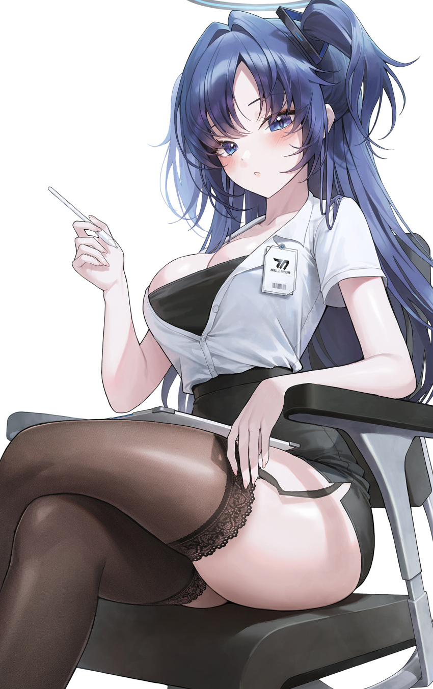 black_thighhighs blue_archive blush breasts chair collared_shirt commentary_request crossed_legs female good_thighs_day halo highres lace-trimmed_legwear lace_trim large_breasts long_hair looking_at_viewer meoyo office_chair office_lady parted_bangs pencil_skirt purple_eyes purple_hair shirt simple_background sitting skirt solo swivel_chair thighhighs two_side_up white_background white_shirt yuuka_(blue_archive)