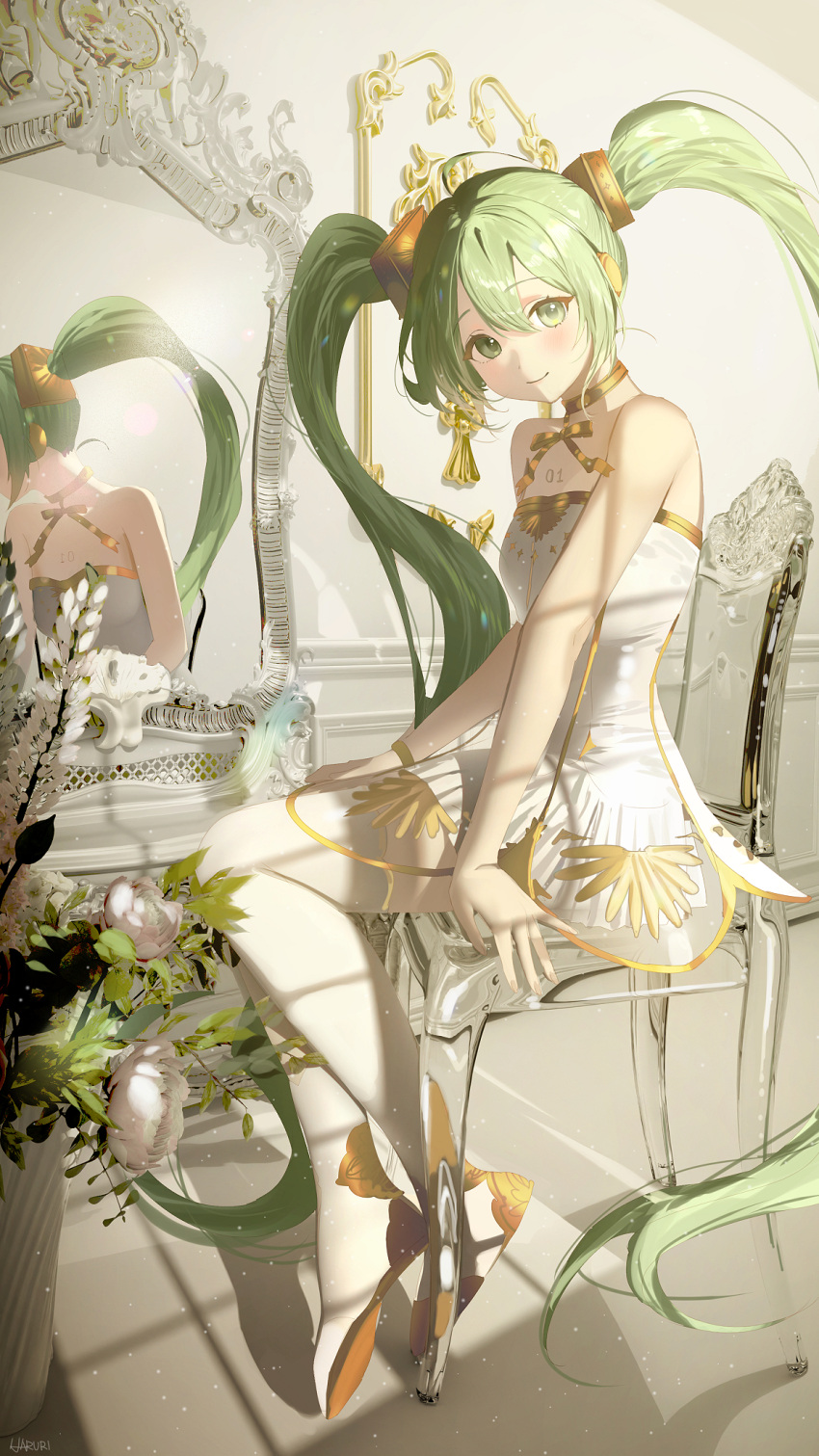 bare_arms bare_shoulders blush boots breasts chair closed_mouth commentary_request female flower green_eyes green_hair hair_between_eyes haruri hatsune_miku highres indoors long_hair looking_at_viewer miku_symphony_(vocaloid) mirror on_chair reflection sitting small_breasts smile solo thigh_boots twintails very_long_hair vocaloid white_flower white_footwear