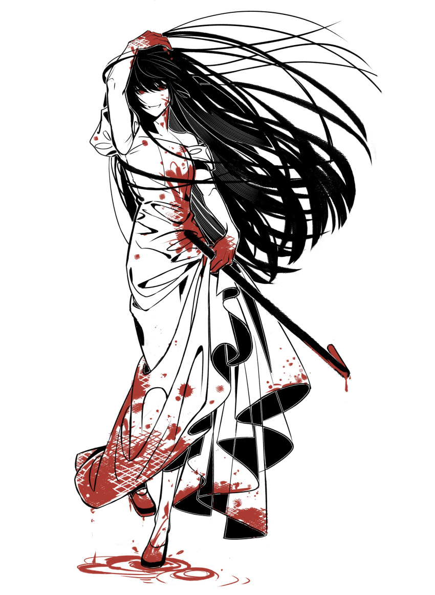 absurdres arm_up black_hair blood blood_on_clothes blood_on_face blood_on_hands blood_on_shoes character_request check_character crowbar daylily dress female floating_hair full_body highres holding holding_crowbar homicipher long_hair looking_to_the_side off-shoulder_dress off_shoulder parted_lips red_eyes simple_background smile solo standing standing_on_one_leg the_bride_(homicipher) very_long_hair white_background white_dress white_footwear