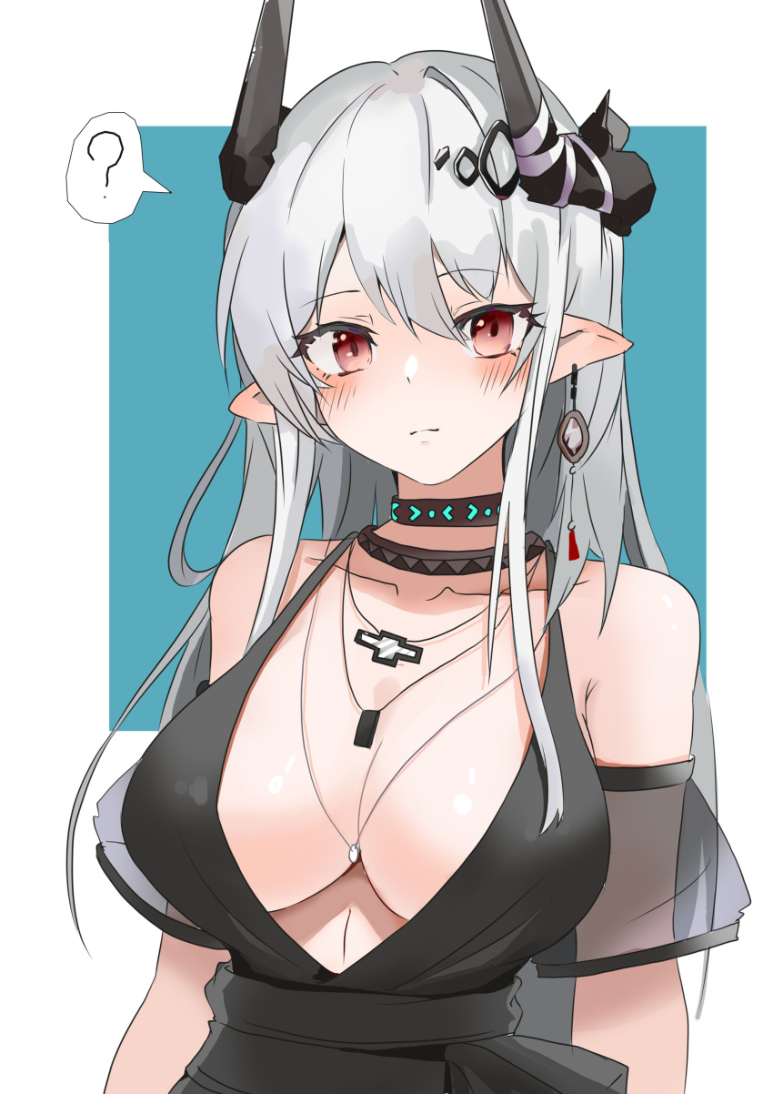 ? absurdres ambience_synesthesia arknights black_dress black_horns blush breasts closed_mouth commentary_request dress female grey_hair highres horns jewelry large_breasts long_hair looking_at_viewer mudrock_(arknights) mudrock_(obsidian)_(arknights) necklace official_alternate_costume orblack pointy_ears red_eyes solo spoken_question_mark upper_body