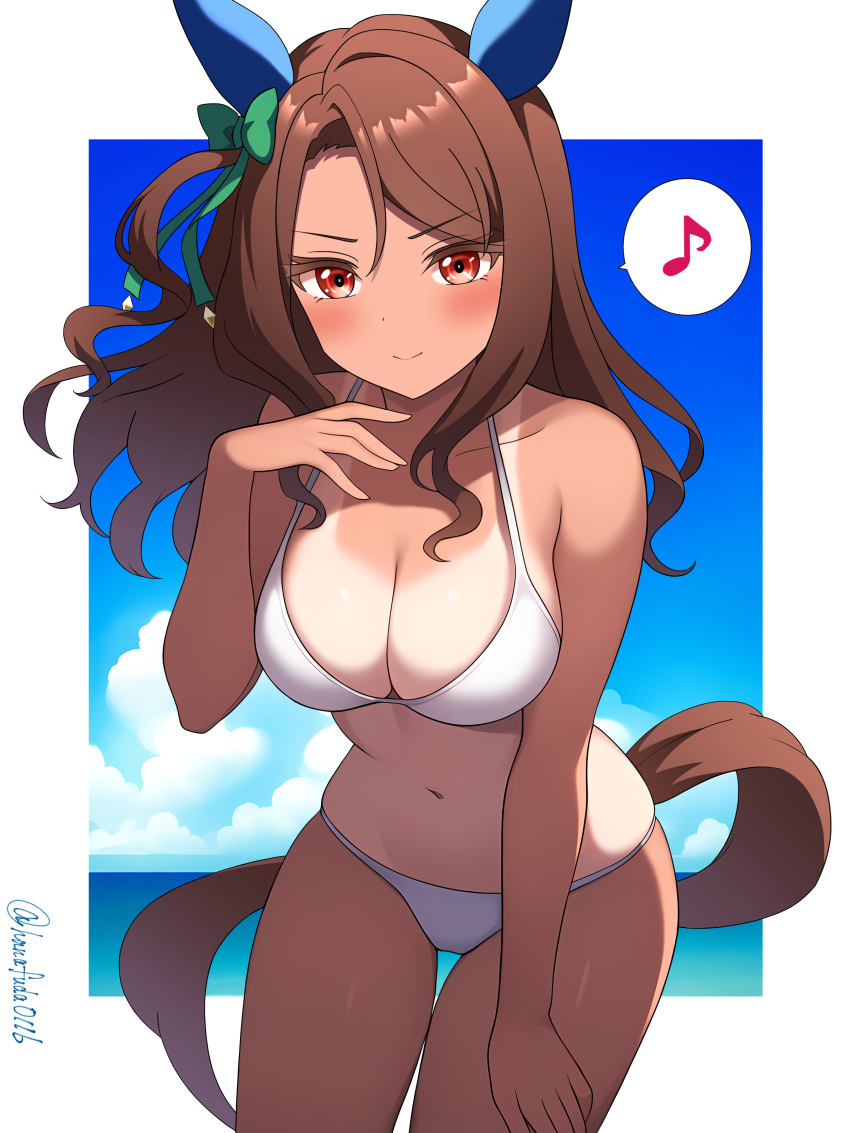 absurdres animal_ears bikini blue_sky breasts brown_hair cleavage closed_mouth cloud commentary_request day female hanafuda_(hanafuda0116) highres horse_ears horse_girl horse_tail king_halo_(umamusume) looking_at_viewer medium_breasts medium_hair ocean red_eyes sky solo swimsuit tail tan tanlines umamusume white_bikini