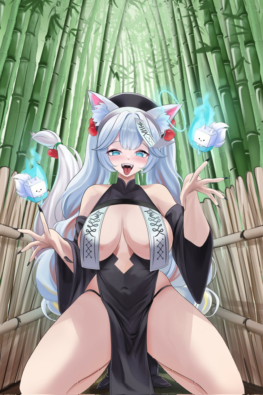 animal_ear_fluff animal_ears bamboo bamboo_forest bare_shoulders black_dress black_footwear black_hat black_nails blonde_hair blue_eyes bondpaint breasts brown_hair cherry_hair_ornament corrupted_twitter_file covered_navel dress female fingernails food-themed_hair_ornament forest fox_ears fox_girl fox_tail grey_hair hair_ornament halo hat highres indie_virtual_youtuber kirsche_verstahl large_breasts multicolored_hair nature ofuda ofuda_on_head ofuda_on_nipples open_mouth pasties pelvic_curtain qingdai_guanmao second-party_source sharp_fingernails solo squatting streaked_hair tail tail_ornament teeth tongue tongue_out upper_teeth_only virtual_youtuber wide_sleeves