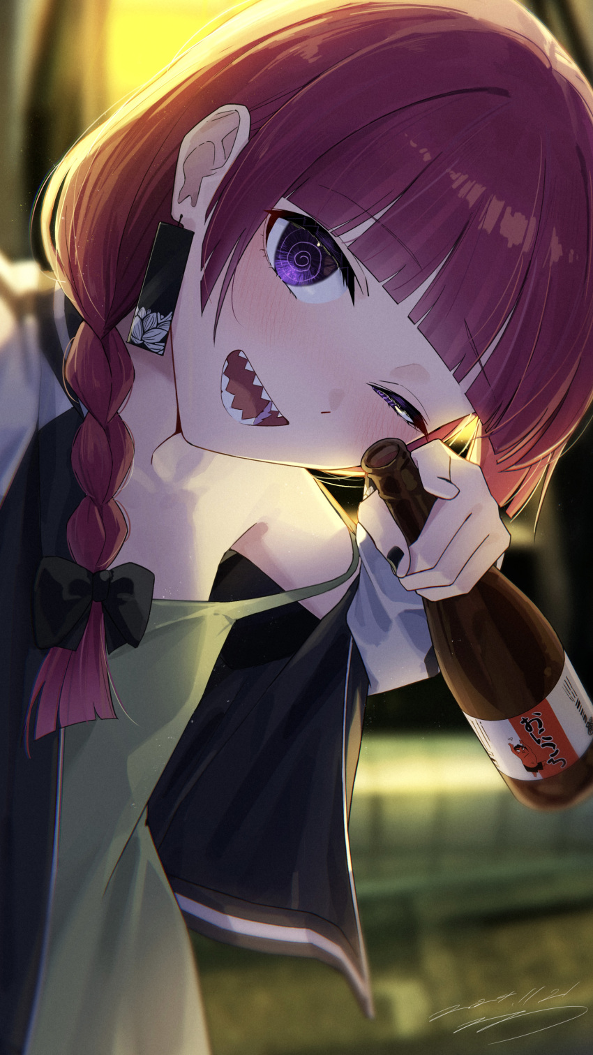 @_@ absurdres alcohol black_jacket black_nails blunt_bangs blush bocchi_the_rock! bottle braid commentary_request dated dress earrings eyelashes female green_dress half-closed_eye head_tilt highres hiroi_kikuri holding holding_bottle jacket jewelry long_hair looking_at_viewer open_clothes open_jacket open_mouth purple_eyes purple_hair seisyuntarotto sharp_teeth single_braid single_off_shoulder sleeveless sleeveless_dress smile solo teeth