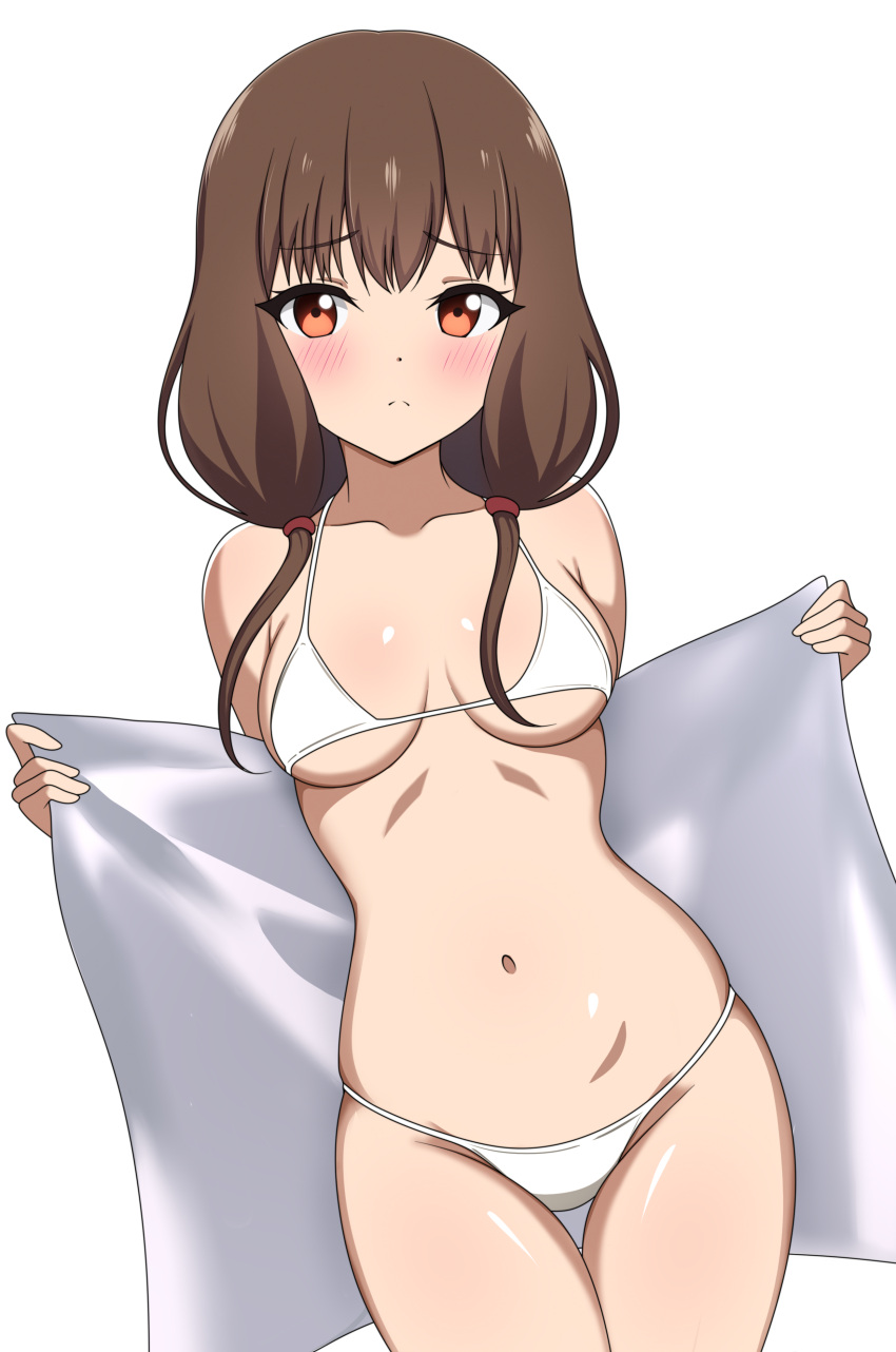 absurdres bikini blush breasts brown_hair closed_mouth collarbone cowboy_shot female highres holding holding_towel iino_miko kaguya-sama_wa_kokurasetai_~tensai-tachi_no_renai_zunousen~ looking_at_viewer low_twintails medium_hair mnkr98 navel orange_eyes simple_background small_breasts solo split_mouth standing stomach swimsuit towel twintails white_background white_bikini