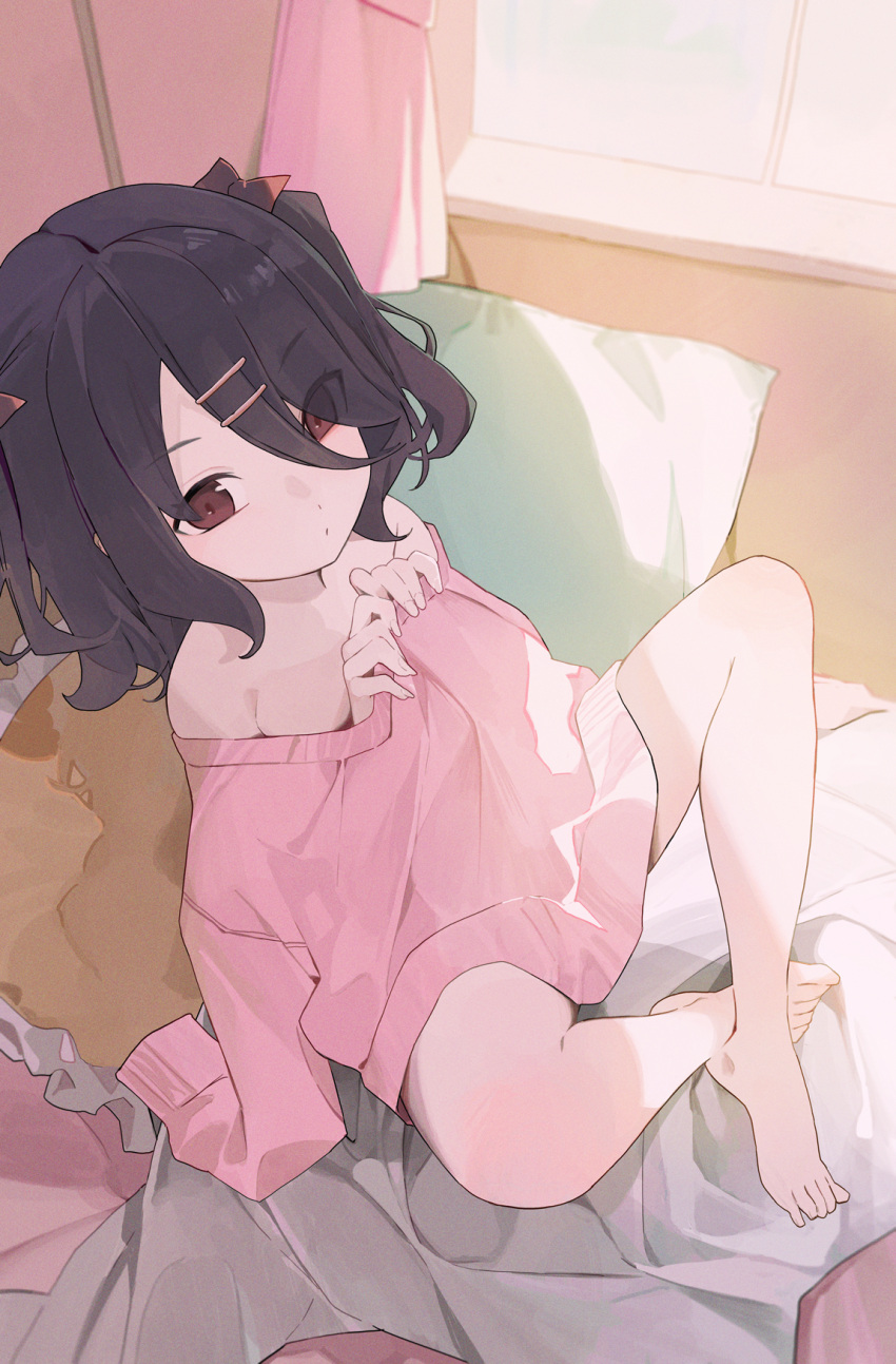 bare_shoulders bed black_hair bow brown_eyes closed_mouth curtains dot_mouth dot_nose feet female flat_chest frilled_pillow frills hair_ornament hair_over_one_eye hairbow hairclip highres hiroki_(yyqw7151) holding_sweater indian_style looking_at_viewer naked_sweater on_bed original pillow pink_sweater red_bow short_hair sitting solo sweater two_side_up wavy_hair window