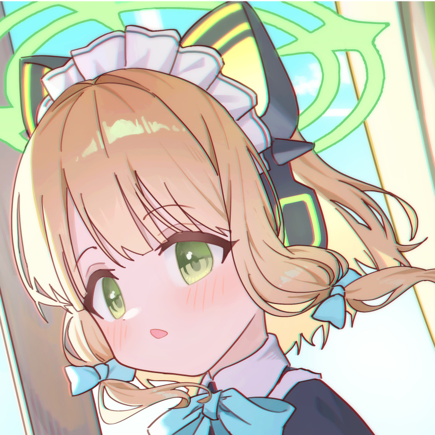 absurdres animal_ear_headphones animal_ears apron black_dress blonde_hair blue_archive blue_bow blue_bowtie blue_ribbon blue_sky bow bowtie capry cat_ear_headphones close-up dress fake_animal_ears female green_eyes green_halo hair_ribbon halo headphones highres looking_at_viewer midori_(blue_archive) midori_(maid)_(blue_archive) ribbon sky solo window