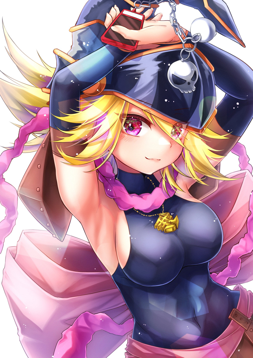 absurdres ari_(xxrmsn_008) black_bodysuit black_hat blonde_hair bodysuit breasts cellphone duel_monster female gagaga_girl hat highres holding holding_phone large_breasts long_hair phone purple_eyes simple_background smartphone smile solo white_background yu-gi-oh!