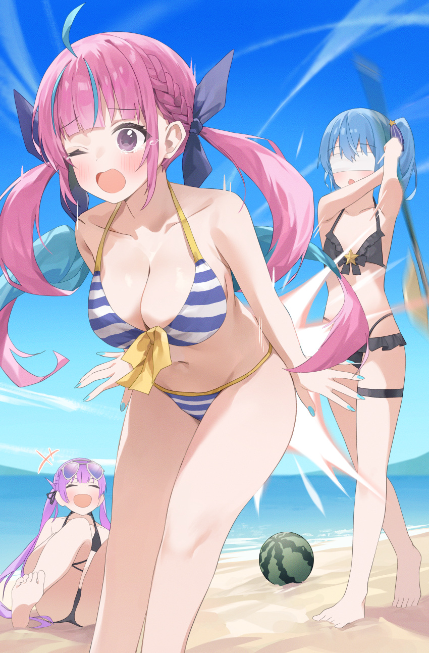 3girls absurdres ahoge alternate_costume alternate_hairstyle bare_shoulders beach bikini black_bikini blue_bikini blue_hair blue_sky braid breasts cleavage closed_eyes collarbone commentary_request day food fruit halterneck highres hololive hoshimachi_suisei large_breasts laughing long_hair minato_aqua minato_aqua_(hololive_summer_2019) multicolored_hair multiple_girls nail_polish navel nel_dcm official_alternate_costume one_eye_closed open_mouth pain pink_hair sand sky small_breasts spanking startend_(hololive) stomach streaked_hair string_bikini suikawari swimsuit tears tokoyami_towa twintails two-tone_hair virtual_youtuber watermelon