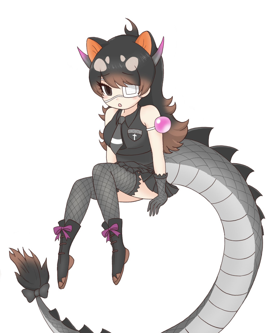 adapted_costume australian_devil_(kemono_friends) bare_shoulders black_footwear black_gloves black_hair black_shirt black_skirt black_thighhighs boots bow breast_pocket brown_eyes brown_hair collared_shirt dragon_girl dragon_horns dragon_tail extra_ears eyepatch female fishnet_gloves fishnet_thighhighs fishnets frilled_gloves frilled_thighhighs frills gloves grey_necktie hair_between_eyes highres horns kemono_friends long_hair medical_eyepatch multicolored_hair necktie pleated_skirt pocket shirt sidelocks skirt sleeveless solo tail tail_bow tail_ornament tasmanian_devil_ears thighhighs tobinosuke12 zettai_ryouiki