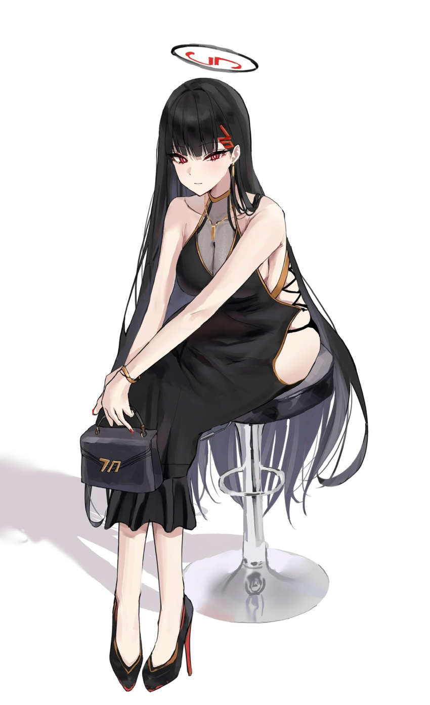 alternate_costume bag bar_stool black_dress black_hair black_halo blue_archive breasts bright_pupils cleavage dress female halo handbag high_heels highres red_eyes rio_(blue_archive) solo stool white_pupils yuusaoconomi