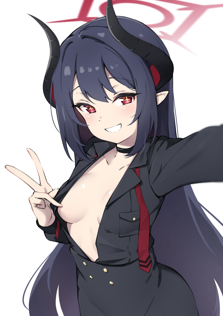 absurdres black_choker black_hair black_shirt black_skirt blue_archive blush breasts center_opening chiaki_(blue_archive) choker commentary_request demon_girl demon_horns female hair_between_eyes hair_intakes halo highres horns komasi long_sleeves looking_at_viewer medium_breasts necktie no_bra outstretched_arm pointy_ears red_eyes red_halo red_necktie shirt shirt_tucked_in simple_background skirt smile solo undone_necktie v white_background