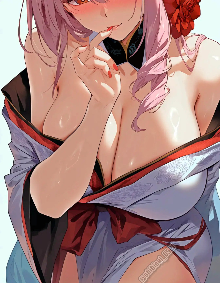 blush breast_focus breasts cleavage female floral_print floral_print_kimono flower goddess_of_victory:_nikke hair_ornament highres houk1sei japanese_clothes kimono large_breasts long_hair looking_at_viewer off_shoulder official_alternate_costume red_eyes red_flower red_nails red_rose rose scarlet_(black_shadow)_(longing_flower)_(nikke) shiny_skin solo twitter_username two-tone_kimono white_kimono