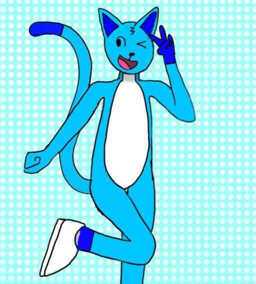 anthro bent_leg blue_body blue_fur clothing dipstick_tail domestic_cat felid feline felis fist flat_colors footwear fur gloves_(marking) hi_res leg_markings long_tail male mammal markings shoes simple_background socks_(marking) solo tail tail_markings tailtangy tongue white_body white_fur