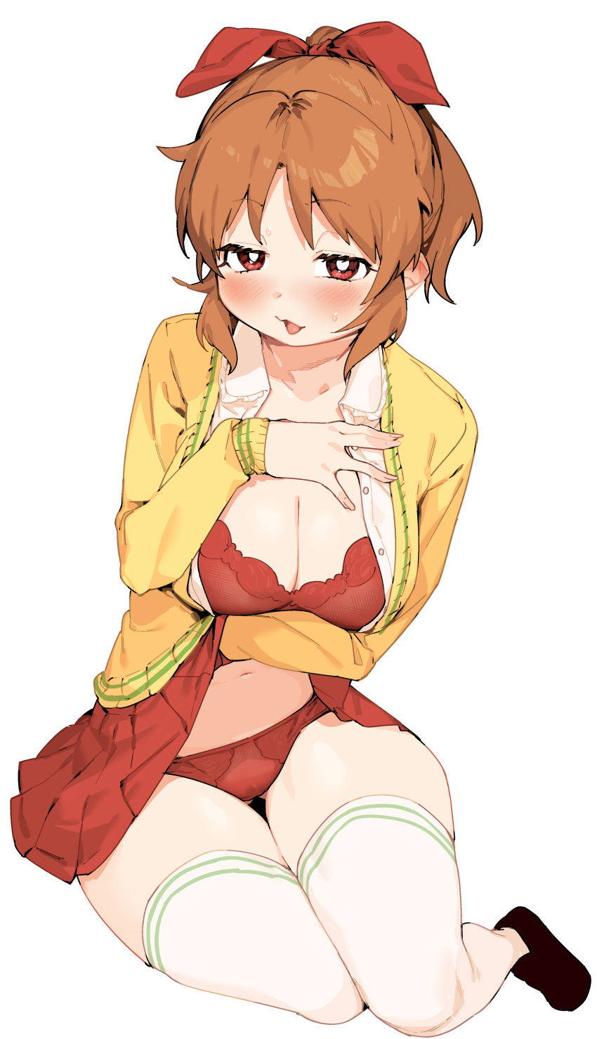 abe_nana absurdres blush bra breasts brown_hair cleavage clothes_lift female highres idolmaster idolmaster_cinderella_girls lifting_own_clothes looking_at_viewer menea navel open_clothes open_mouth open_shirt panties ponytail red_bra red_eyes red_panties simple_background skirt skirt_lift solo symbol-shaped_pupils thighhighs underwear white_background white_thighhighs