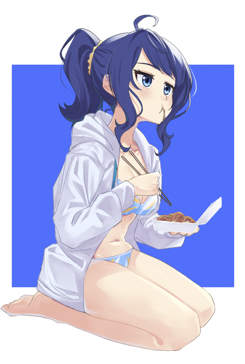 53c_(ray_cordova) ahoge bikini bikini_under_clothes blue_background blue_bikini blue_eyes blue_hair border breasts chopsticks cleavage closed_mouth collarbone commentary eating english_commentary female full_body grey_jacket highres holding holding_chopsticks hood hood_down hooded_jacket jacket make_heroine_ga_oo_sugiru! medium_breasts open_clothes open_jacket ponytail seiza simple_background sitting solo swimsuit white_background white_border yanami_anna