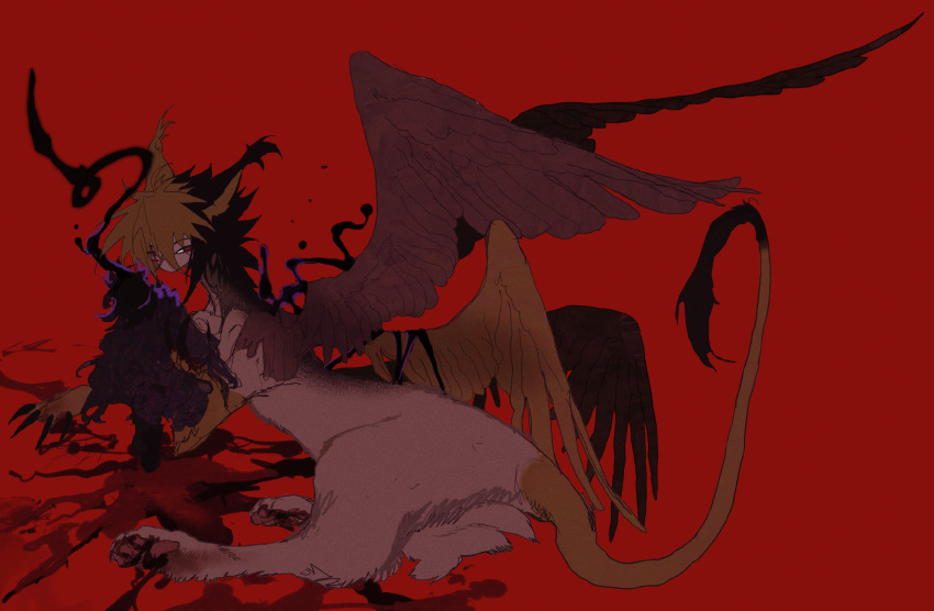 black_hair blonde_hair blood body_fur brown_hair brown_tail brown_wings claws full_body highres kamikiririp large_wings lion_tail lying monster monster_focus multicolored_hair original pawpads pool_of_blood red_background red_eyes simple_background solo sphinx tail two-tone_hair wings