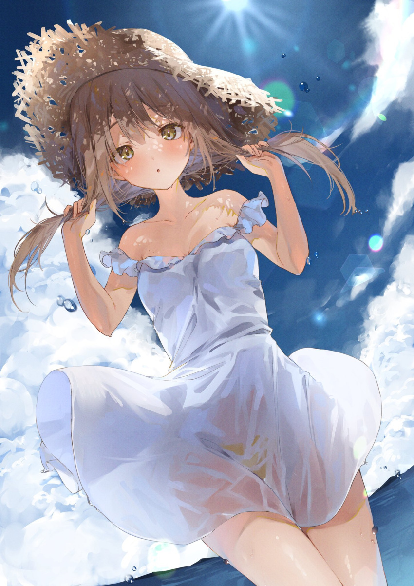 arms_up bare_legs bare_shoulders blush breasts brown_hair cleavage cloud cloudy_sky collarbone dress female frilled_dress frills hair_over_one_eye harui_(hr_x9_) hashtag-only_commentary hat highres holding holding_own_hair lens_flare long_hair looking_at_viewer ocean off-shoulder_dress off_shoulder open_mouth original outdoors panties see-through_clothes see-through_dress sky small_breasts solo straw_hat sunlight underwear water white_dress yellow_eyes yellow_panties