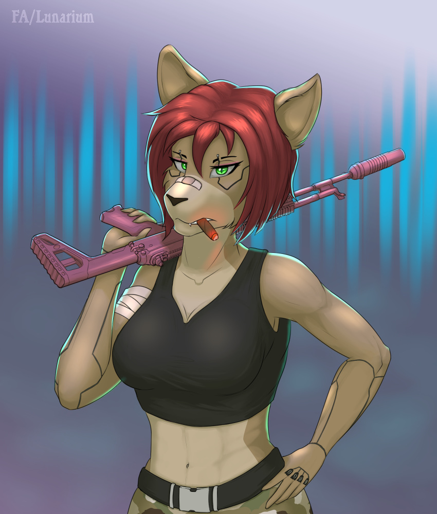 abstract_background anthro automatic_weapon bandage cigar clothing cybernetic_arm cybernetic_limb cyberpunk ears_up felid feline female green_eyes hair hi_res lunarium mammal military_uniform red_hair shirt smoking solo topwear undershirt uniform