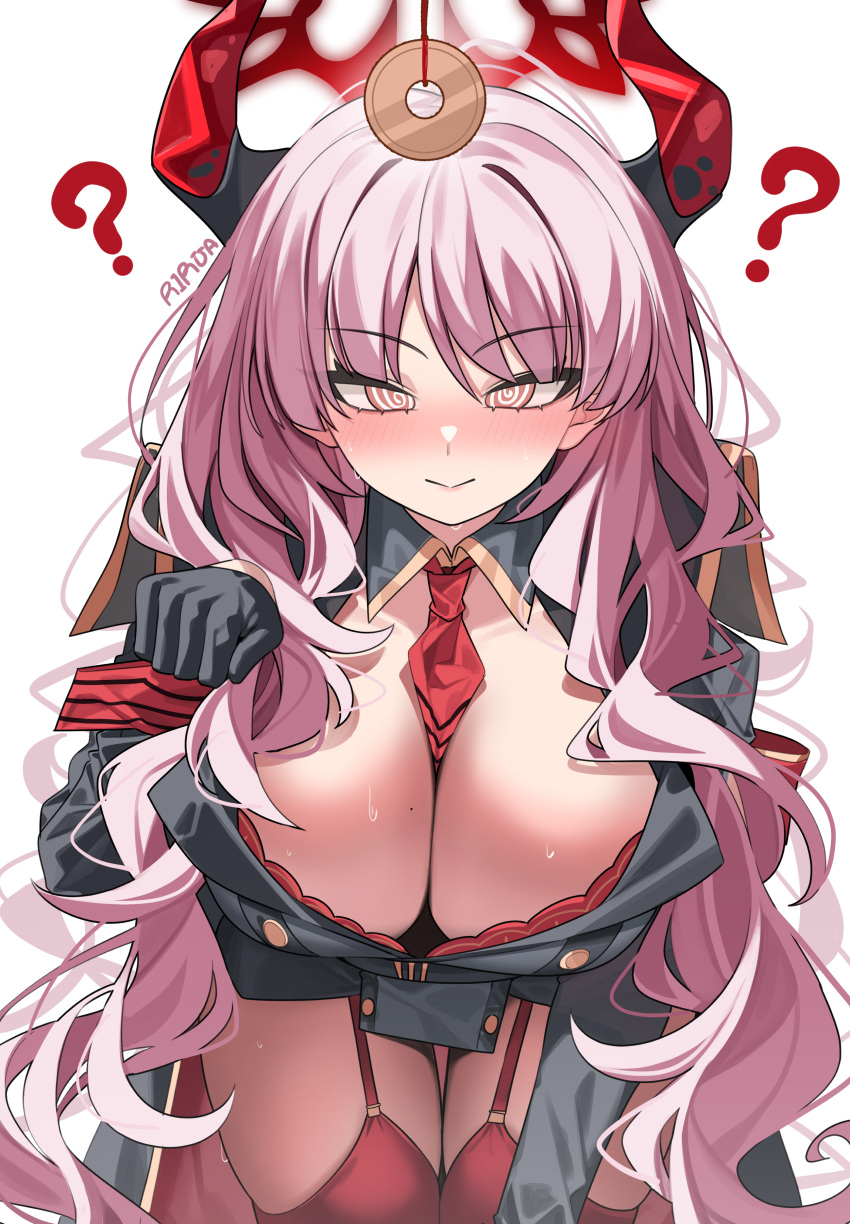 :> ? ?? @_@ absurdres artist_name black_coat black_gloves blue_archive blush breasts closed_mouth coat coin coin_on_string commentary_request demon_girl demon_horns female gloves halo highres holed_coin horns hypnosis korean_commentary leaning_forward long_sleeves looking_at_viewer mind_control mole mole_on_breast necktie open_clothes open_coat open_mouth pendulum pink_eyes pink_hair red_garter_straps red_halo red_horns red_necktie red_thighhighs red_wrist_cuffs rirua_(kjom802) satsuki_(blue_archive) simple_background solo sweat thighhighs white_background wrist_cuffs