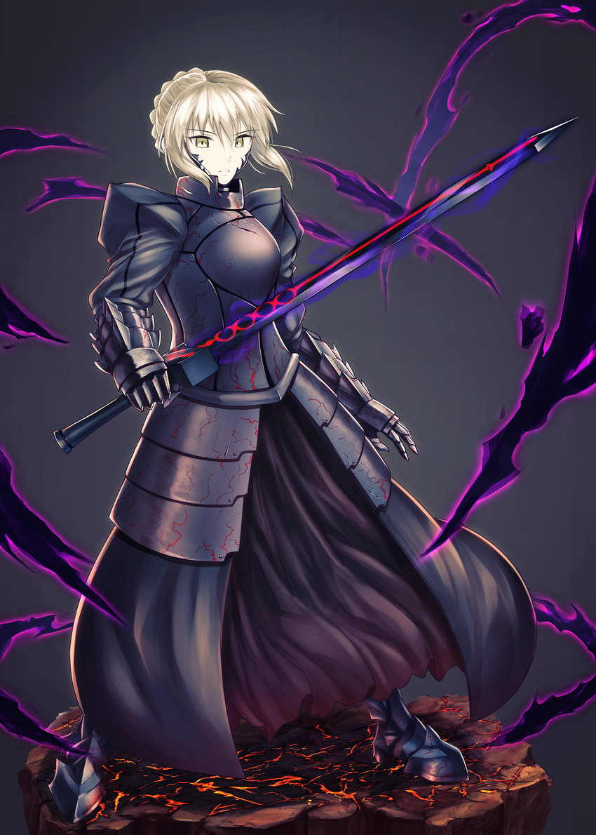 armor armored_dress artoria_pendragon_(fate) blonde_hair braid commentary_request dark_persona excalibur_morgan_(fate) fal_(fal-se-0) fate/grand_order fate/stay_night fate_(series) female french_braid highres saber_alter solo sword weapon yellow_eyes