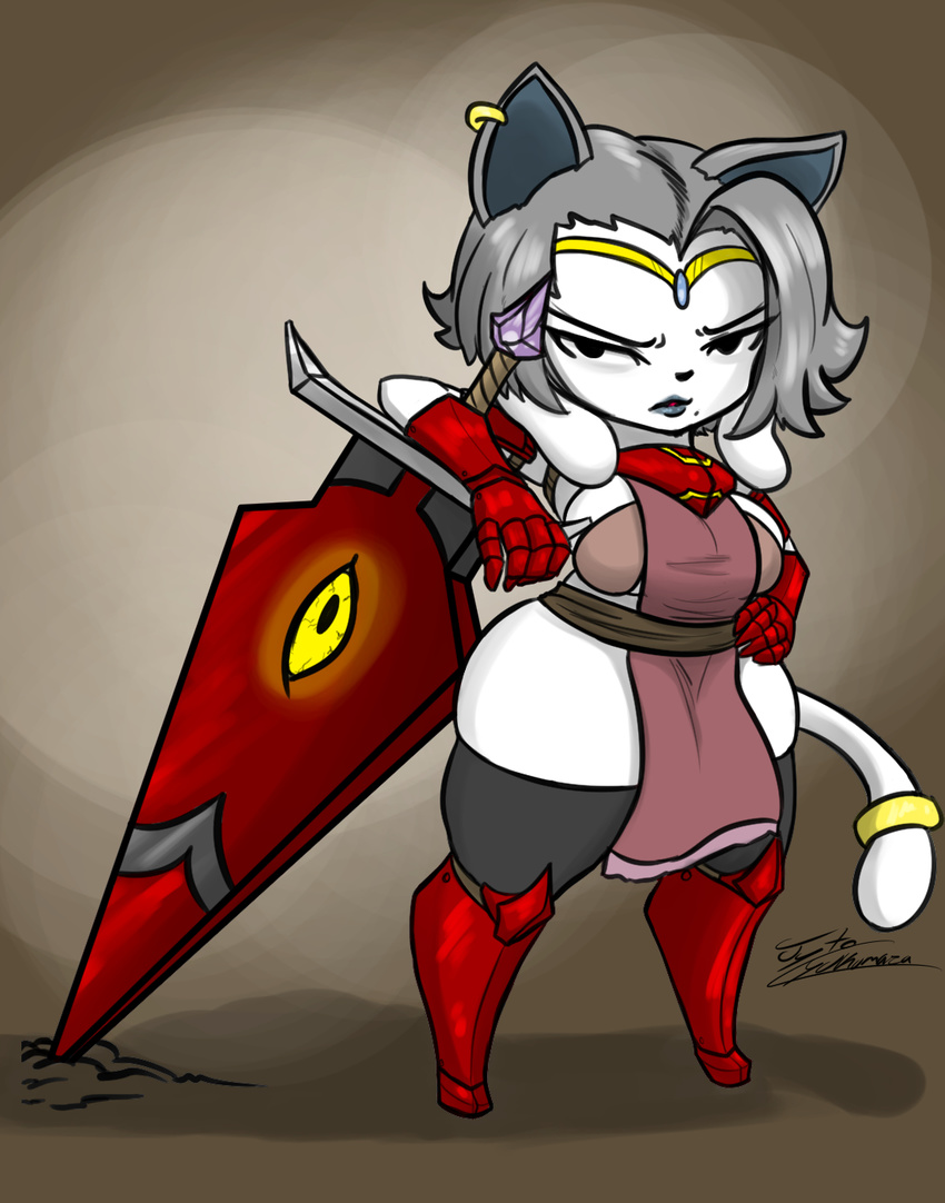 2017 anthro armor breasts canid canine canis clothed clothing digital_media_(artwork) domestic_cat domestic_dog felid feline felis female fur hair hi_res jyto knight looking_at_viewer mammal melee_weapon short_stack simple_background sword tem temmie_(undertale) undertale undertale_(series) warrior weapon white_body white_fur