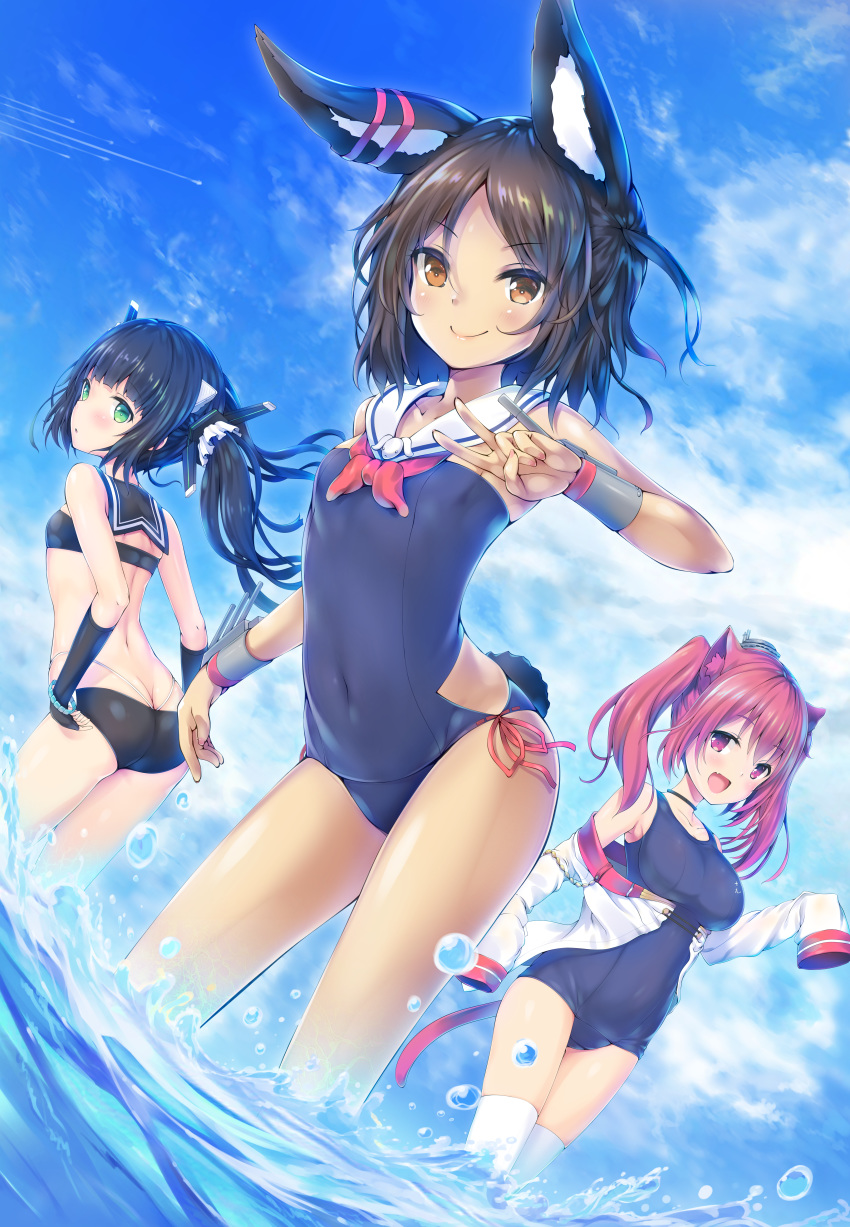 3girls :d :o absurdres animal_ears ass azur_lane bare_shoulders bikini black_bikini black_choker black_gloves black_hair black_sailor_collar blue_one-piece_swimsuit blue_sky blush breasts brown_eyes brown_hair butt_crack cat_ears cat_girl cat_tail choker closed_mouth cloud cloudy_sky collarbone commentary_request dark-skinned_female dark_skin day elbow_gloves fingernails gloves green_eyes hair_ornament hand_up headgear highres i-19_(azur_lane) i-26_(azur_lane) i-58_(azur_lane) large_breasts long_hair long_sleeves looking_at_viewer looking_back multiple_girls nakazawa_aki neckerchief oerba_yun_fang off_shoulder one-piece_swimsuit open_mouth outdoors parted_lips rabbit_ears rabbit_girl rabbit_tail red_eyes red_hair red_neckerchief sailor_collar school_swimsuit shirt sky sleeves_past_fingers sleeves_past_wrists small_breasts smile standing strapless strapless_bikini swimsuit tail thighhighs twintails v very_long_hair wading water white_sailor_collar white_shirt white_thighhighs