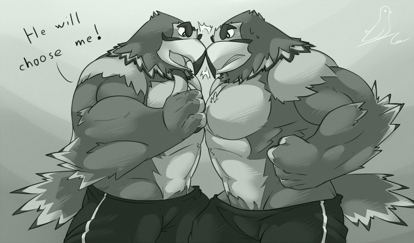 2014 4_fingers accipitrid accipitriform animal_crossing anthro avian beak bird bottomwear clothed clothing digital_media_(artwork) duo eagle english_text eye_contact feathers fingers fist frank_(animal_crossing) frown glare greyscale happyending hulk_(animal_crossing) looking_at_another male male/male manly monochrome nintendo pants serratus signature tail tail_feathers text topless