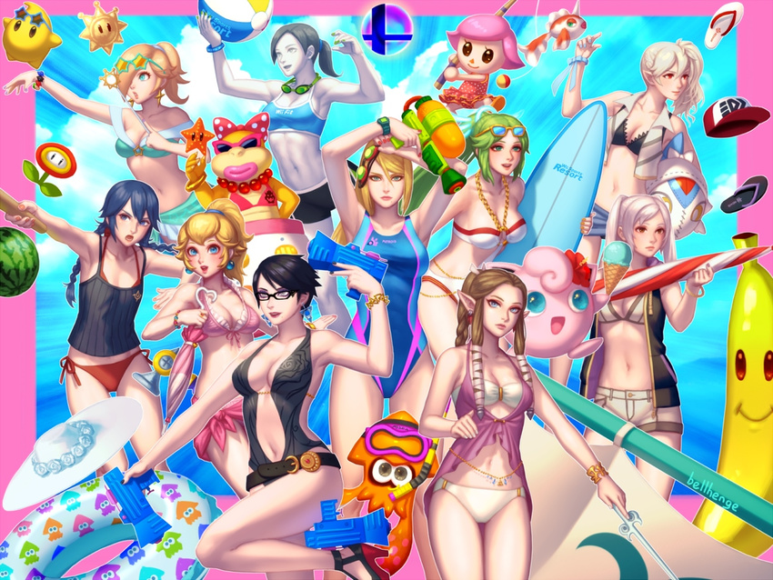 6+girls abs alternate_hairstyle animal_crossing artist_name ball banana bayonetta bayonetta_(series) bayonetta_2 beach beachball bellhenge belly_chain bikini bikini_under_clothes black_hair blonde_hair blue_hair blush bow bracelet braid breasts center_opening cleavage colored_skin commentary company_connection corrin_(female)_(fire_emblem) corrin_(fire_emblem) english_commentary everyone eyewear_on_head f.l.u.d.d. fire_emblem fire_emblem_awakening fire_emblem_fates fire_flower fish fishing_rod flower food fruit glasses goggles goggles_around_neck goggles_on_head goldeen green_hair grey_hair hair_flower hair_ornament hairbow hat high_heels hood hoodie ice_cream ice_cream_cone inkling inkling_player_character innertube jewelry jigglypuff kid_icarus kid_icarus_uprising large_breasts lilith_(fire_emblem) looking_at_viewer lucina_(fire_emblem) luma_(mario) mario_(series) md5_mismatch medium_breasts metroid midriff mole mole_under_mouth multiple_girls navel ocean one-piece_swimsuit paint.net_(medium) palutena pink_hair pointy_ears pokemon pokemon_(creature) ponytail princess_peach princess_zelda resolution_mismatch robin_(female)_(fire_emblem) robin_(fire_emblem) rosalina sail samus_aran sandals sarong shine_sprite short_hair short_shorts shorts side_ponytail sleeveless sleeveless_hoodie small_breasts smash_ball smile snorkel source_smaller splatoon_(series) splatoon_1 splattershot_(splatoon) sports_bikini sports_swimsuit squid star-shaped_eyewear star_(symbol) starfish stomach sunglasses super_mario_galaxy super_mario_sunshine super_smash_bros. surfboard swim_ring swimsuit the_legend_of_zelda the_legend_of_zelda:_twilight_princess toned twin_braids twintails villager_(animal_crossing) volleyball wand water_gun watermelon wendy_o._koopa white_skin wii_fit wii_fit_trainer wii_fit_trainer_(female)