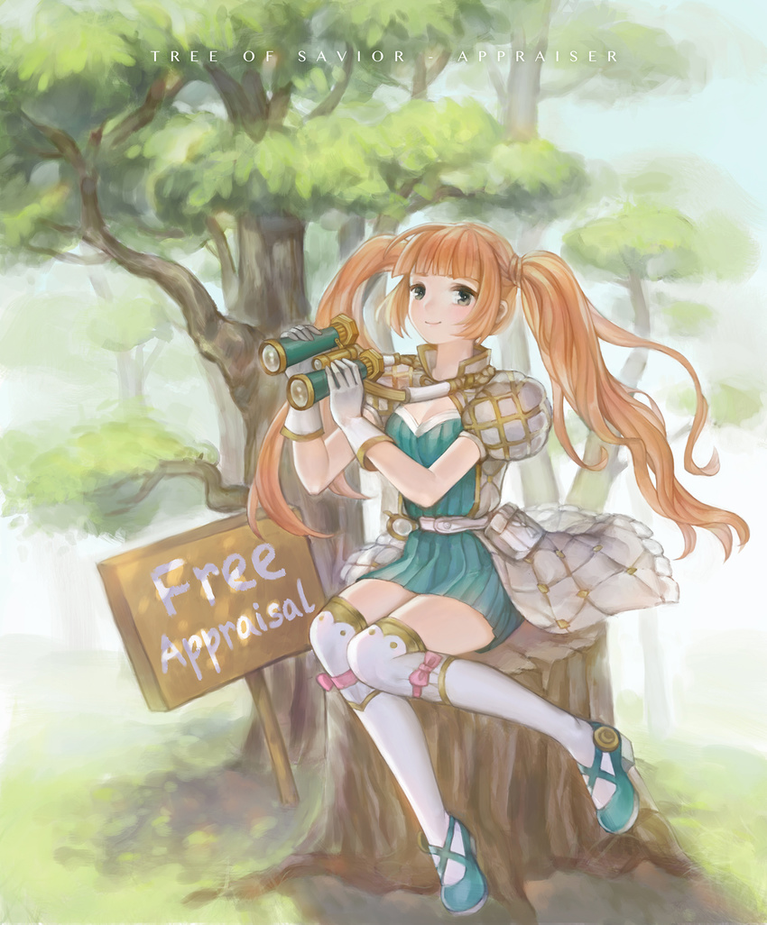 anshu_(o9jucea) aqua_footwear binoculars brown_hair commentary_request copyright_name female gloves highres long_hair outdoors photoshop_(medium) pouch ribbed_sweater shoes sign sitting sitting_on_tree_stump smile solo sweater thighhighs tree tree_of_savior tree_stump twintails white_gloves white_thighhighs