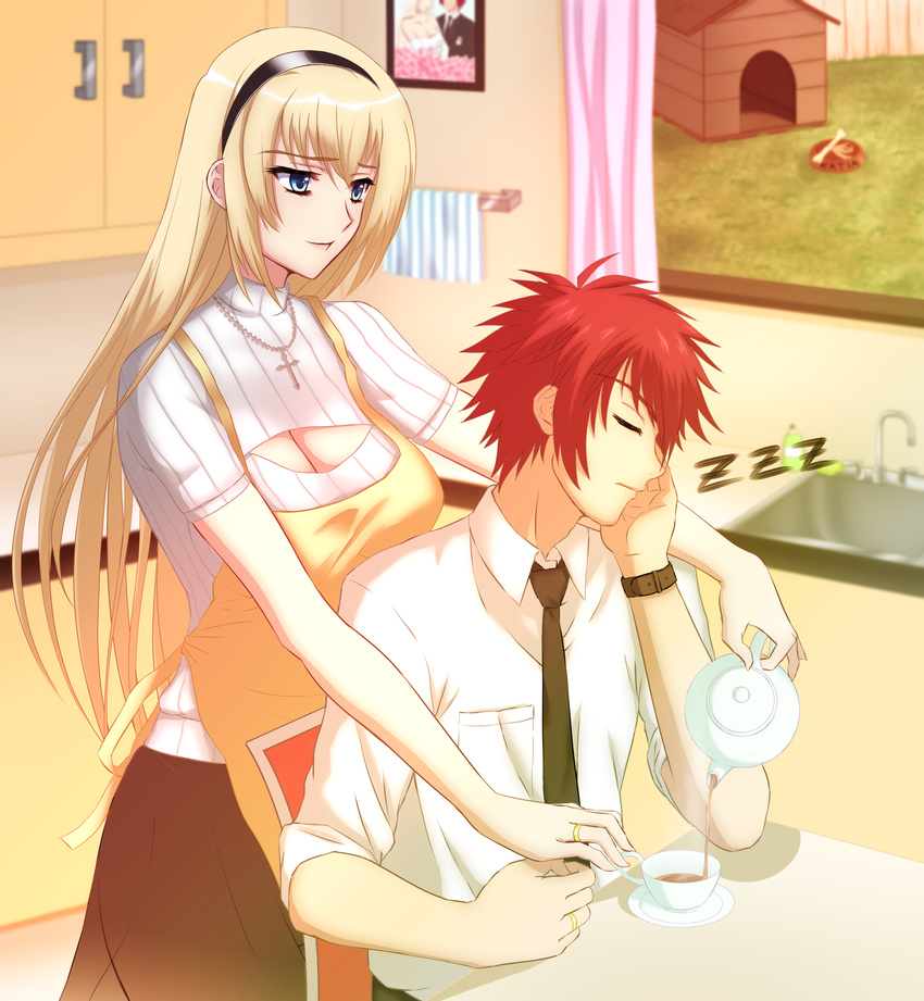 1boy alternate_costume apron bad_id bad_pixiv_id black_necktie blonde_hair blue_eyes chair closed_mouth commentary cross cross_necklace cup desk doghouse dress_shirt female good_end green_kaminari hairband head_rest highres irisdina_bernhard jewelry kitchen meme_attire muv-luv muv-luv_alternative necklace necktie open-chest_sweater pouring ribbed_sweater ring schwarzesmarken shirt short-sleeved_sweater short_sleeves sitting sleeping sleeves_rolled_up steam straight sweater tea teacup teapot theodor_edelbach watch wedding_ring white_shirt wristwatch zzz